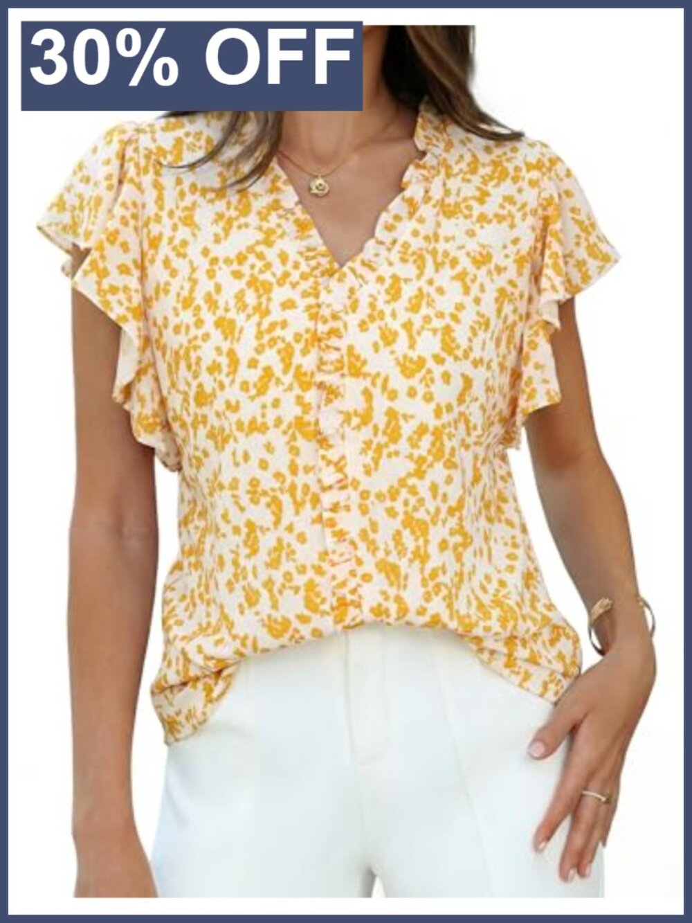 Womens Boho Ruffle Chiffon Blouse Dressy Casual V-Neck Flutter Sleeve Top